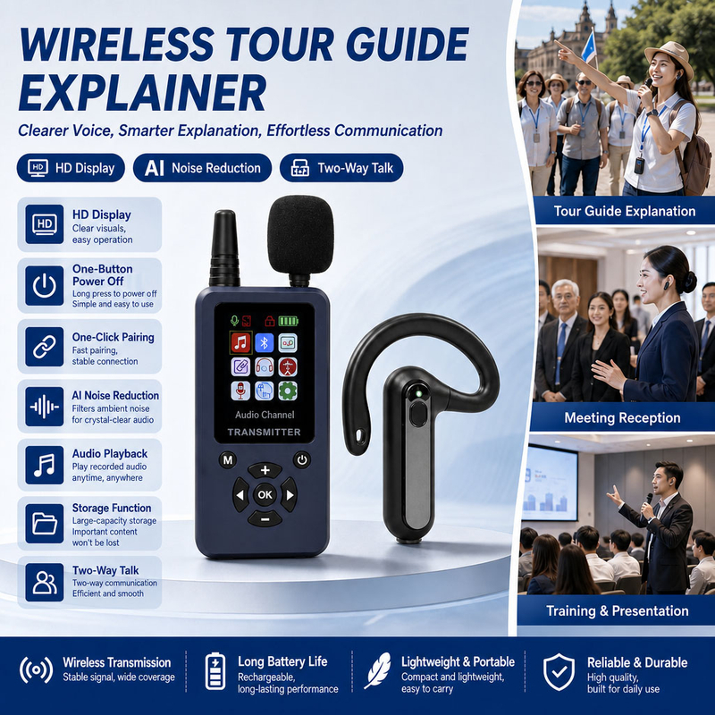 Big Screen AI Noise Reduction Transmitter Automatic Pairing and Automatic Shutoff with SD Card and Pre-recorded Audios