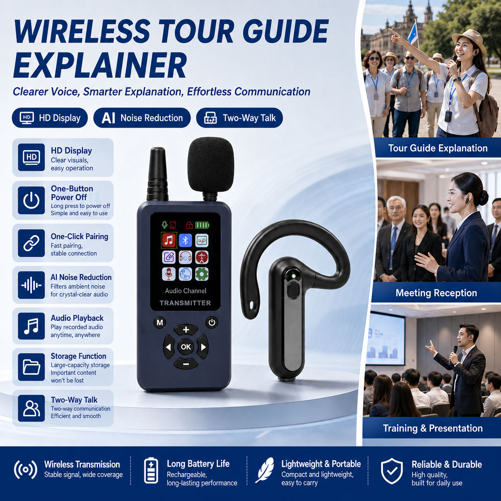 Big Screen AI Noise Reduction Transmitter Automatic Pairing and Automatic Shutoff with SD Card and Pre-recorded Audios