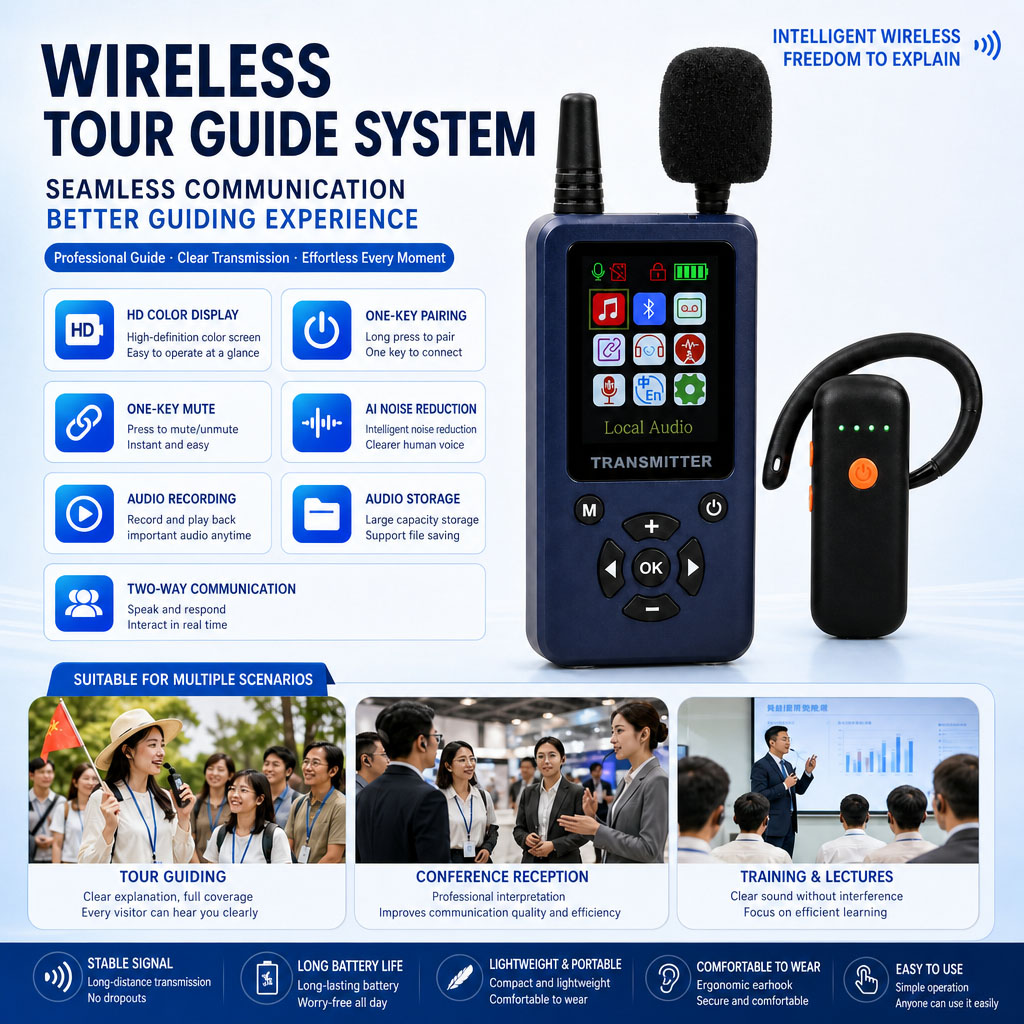 Big Screen AI Noise Reduction Transmitter Automatic Pairing and Automatic Shutoff with SD Card and Pre-recorded Audios