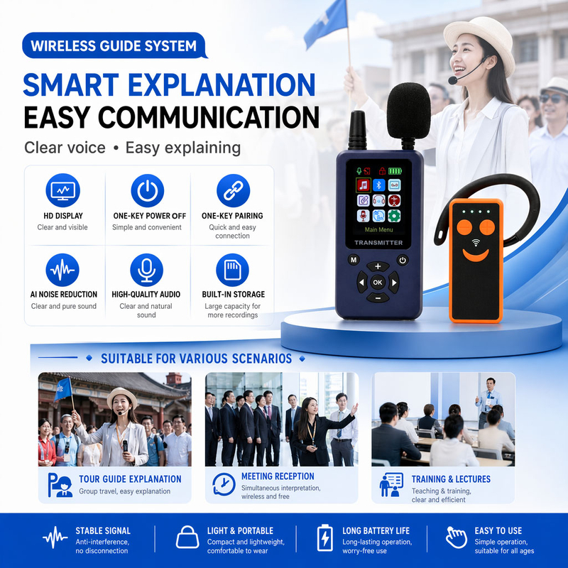 Big Screen AI Noise Reduction Transmitter Automatic Pairing and Automatic Shutoff with SD Card and Pre-recorded Audios