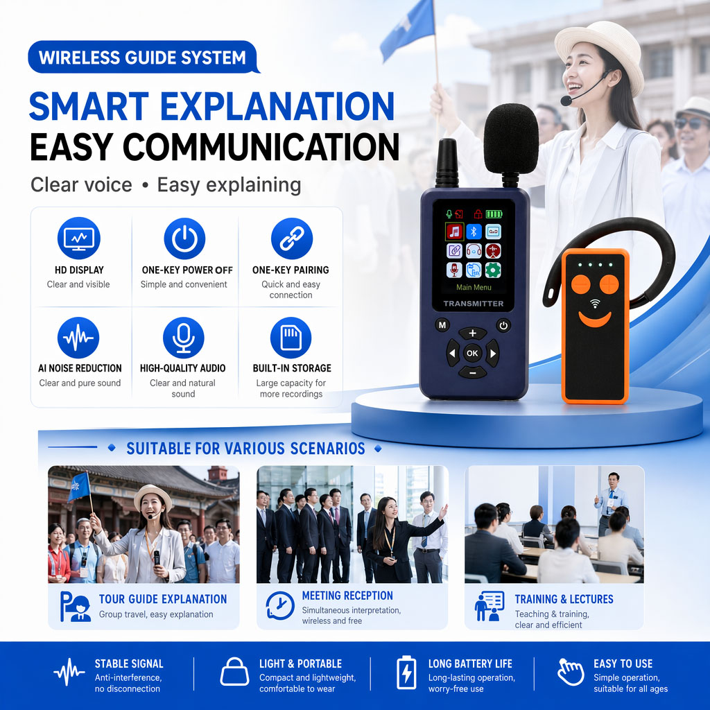 Big Screen AI Noise Reduction Transmitter Automatic Pairing and Automatic Shutoff with SD Card and Pre-recorded Audios