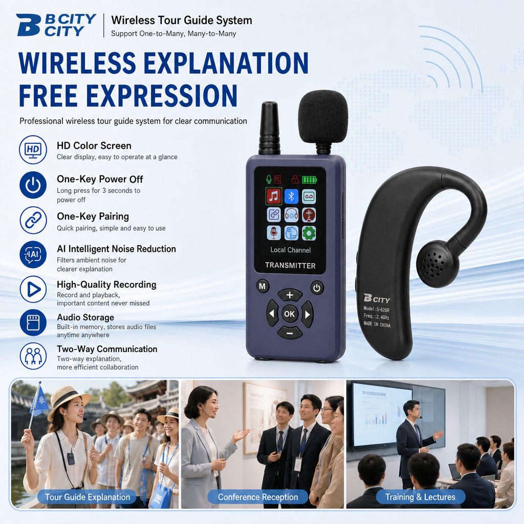 Big Screen AI Noise Reduction Transmitter Automatic Pairing and Automatic Shutoff with SD Card and Pre-recorded Audios